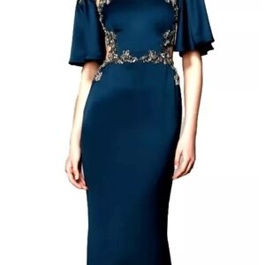 Marchesa Blue and Gold Embellished Maxi Gown
